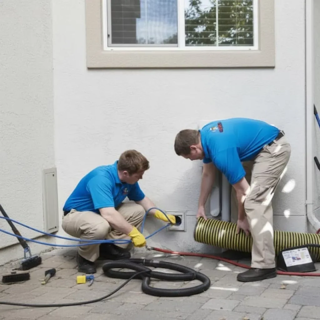 Technicians inspecting and cleaning blocked dryer vent Toronto