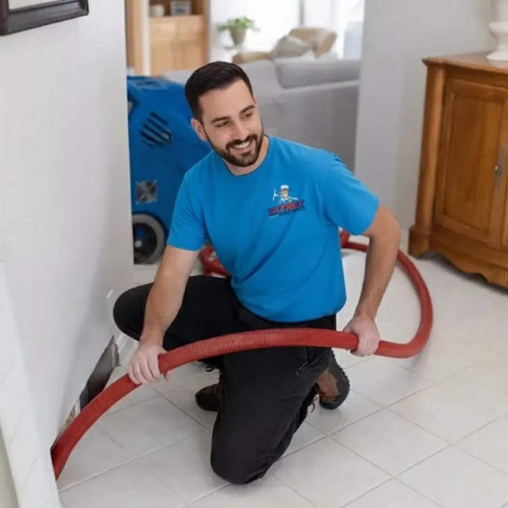 SKYREX technician using a vacuum hose to clear a blocked dryer vent inside a home