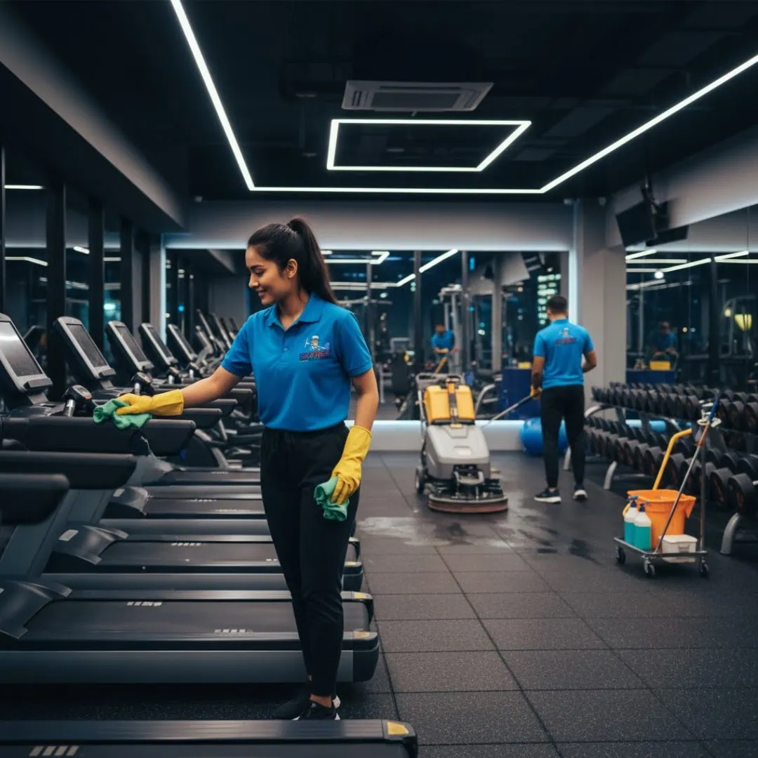 Two cleaners in uniform wiping treadmill and scrubbing floors in a commercial gym in Calgary
