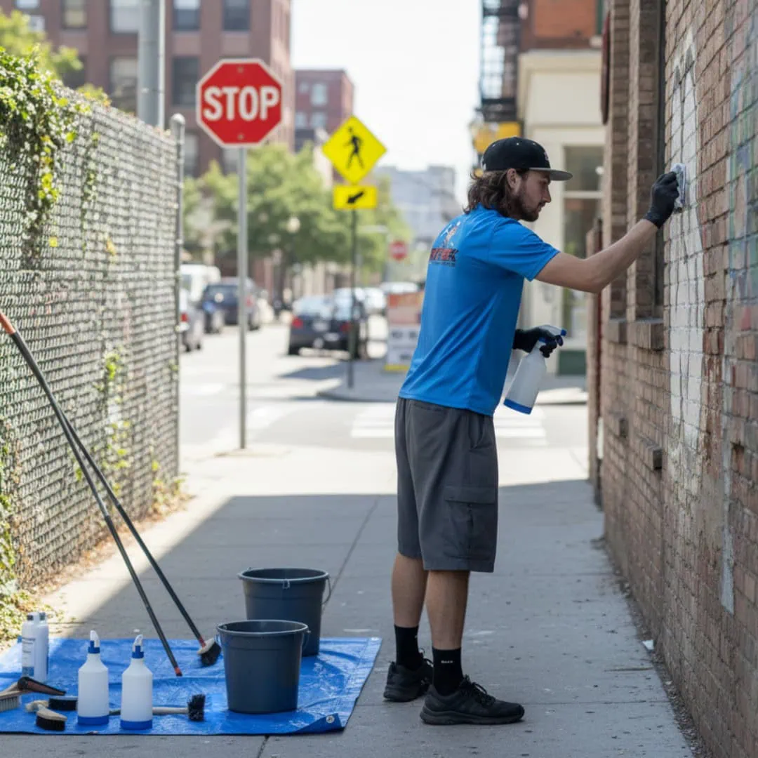SKYREX technician cleaning graffiti off a brick wall with spray solution and tools