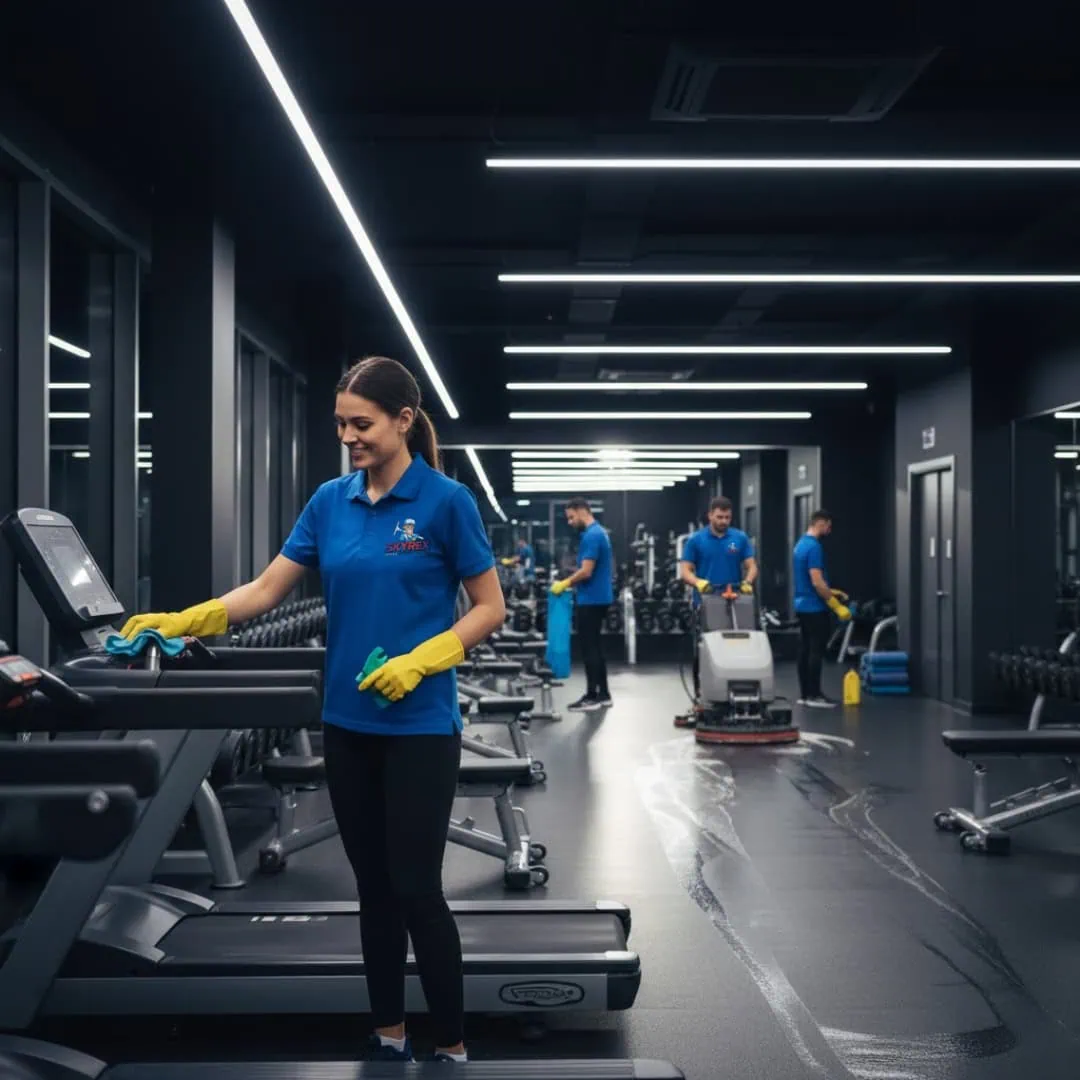 Skyrex professional gym cleaning team wiping treadmills and scrubbing floors in Calgary fitness facility