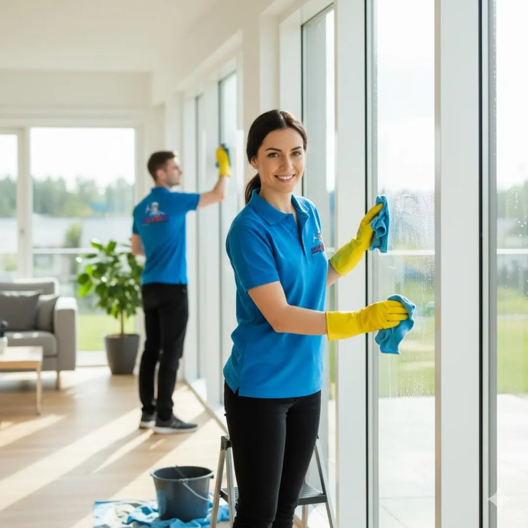 Two SKYREX cleaners performing professional window cleaning inside a Calgary home.