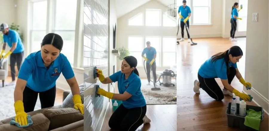 Professional cleaning team in North York and Toronto performing deep cleaning, floor scrubbing, and vacuuming inside a modern home — SKYREX