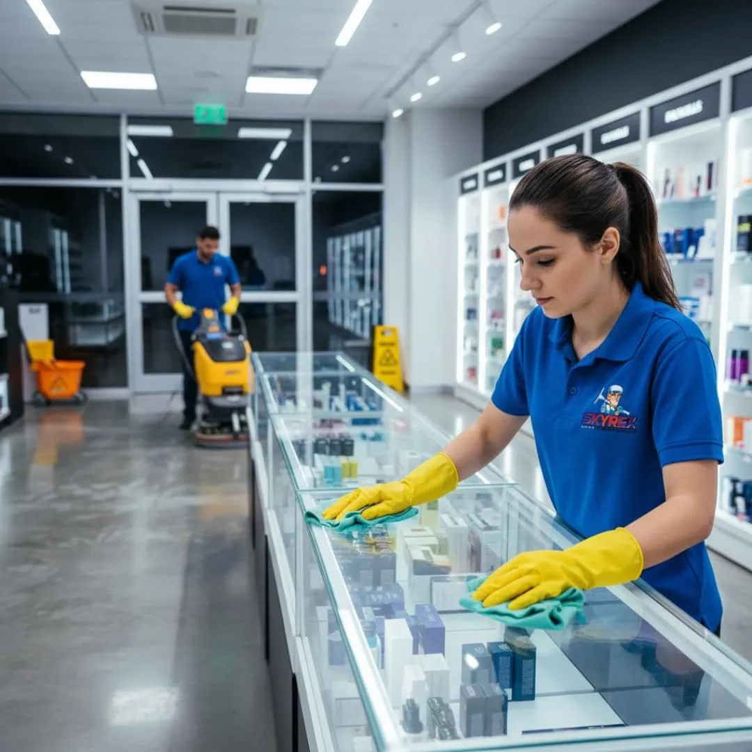 SKYREX staff cleaning retail store glass display and floors with scrubber machine in Calgary