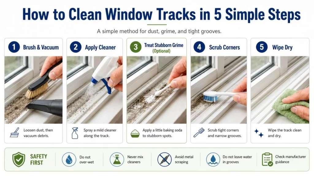 Five steps to clean window tracks showing brushing debris, applying mild cleaner, scrubbing tight corners, and wiping dry