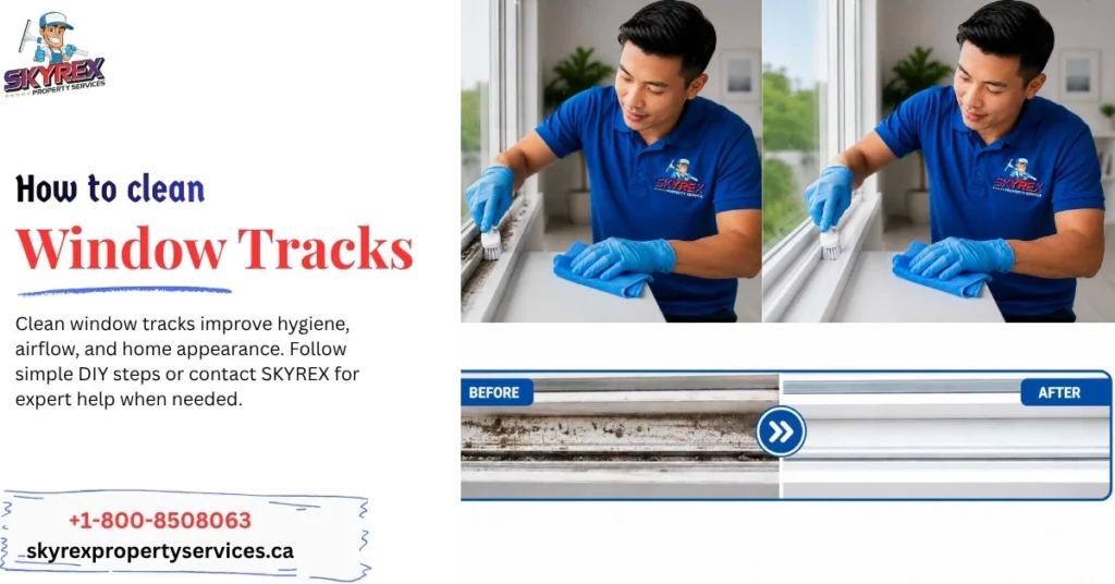 SKYREX cleaner scrubbing and wiping a dirty window track, showing before and after results
