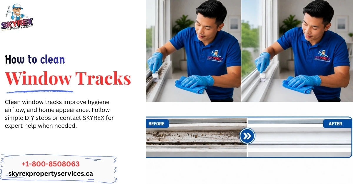 SKYREX cleaner scrubbing and wiping a dirty window track, showing before and after results