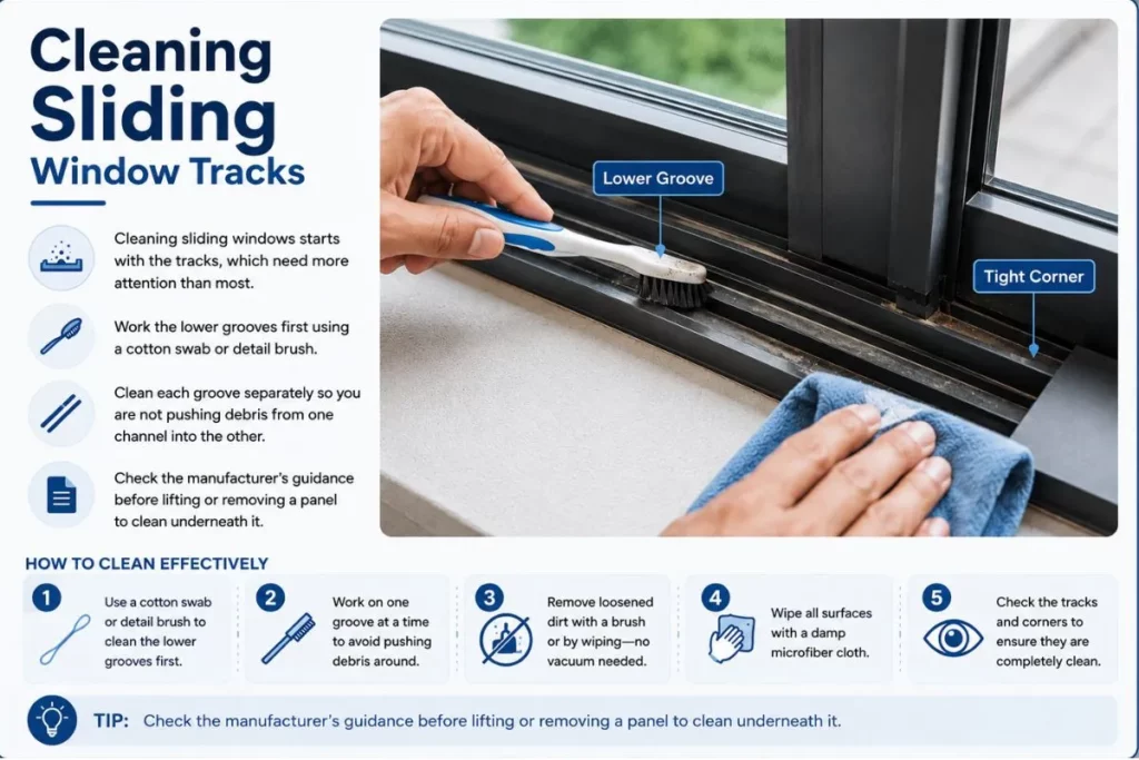 Scrubbing lower grooves of a sliding window track using a detail brush to remove debris from tight corners