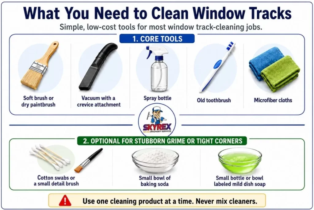 Window track cleaning tools including a soft brush, toothbrush, spray bottle, and microfiber cloth