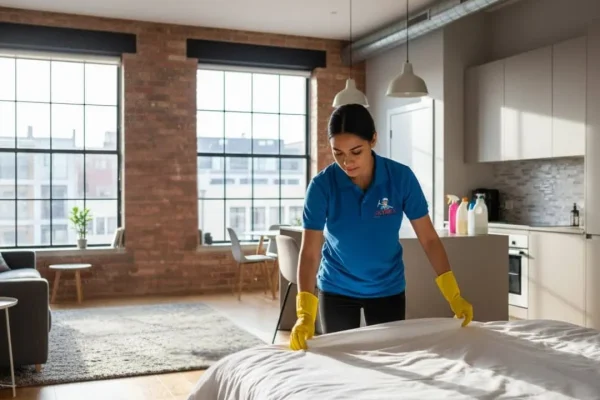 Professional Airbnb cleaner making bed in Toronto rental property