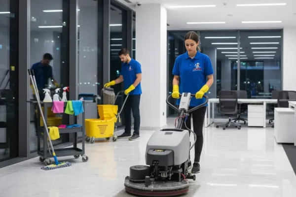 SKYREX team using a floor scrubber and mop to clean a Calgary North office building.