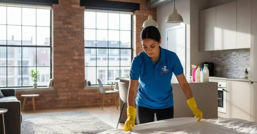 Cleaner making bed during Airbnb turnover cleaning in Calgary by SKYREX team