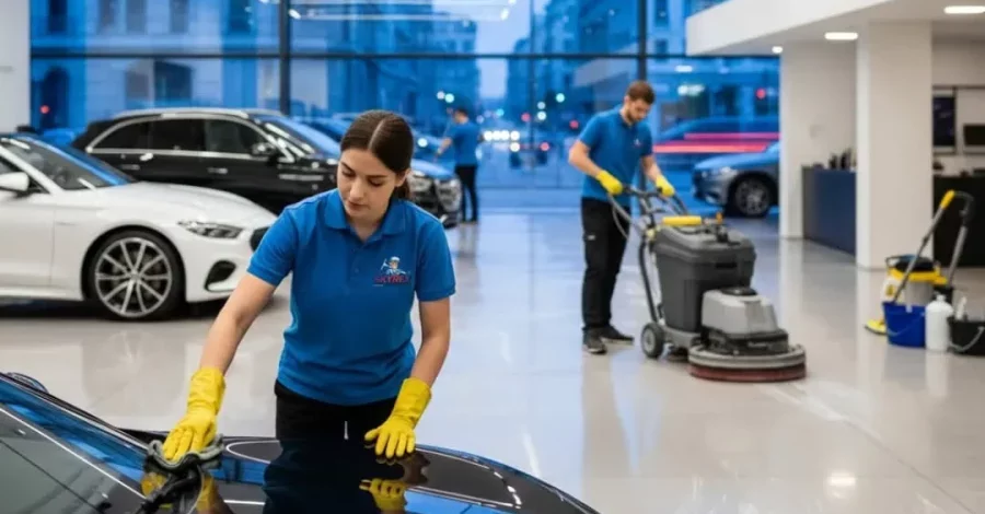 SKYREX staff cleaning a black car and scrubbing showroom floors at a Calgary North auto dealership.