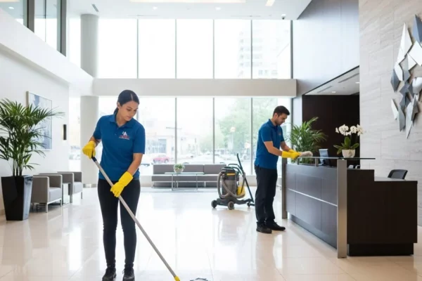 Two SKYREX cleaners mopping floors and cleaning the reception desk in a Calgary North commercial building.