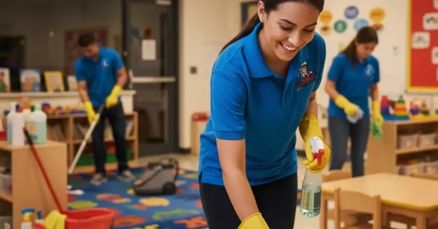 Skyrex cleaning team in blue uniforms sanitizing a daycare classroom in Calgary North using child-safe cleaning products