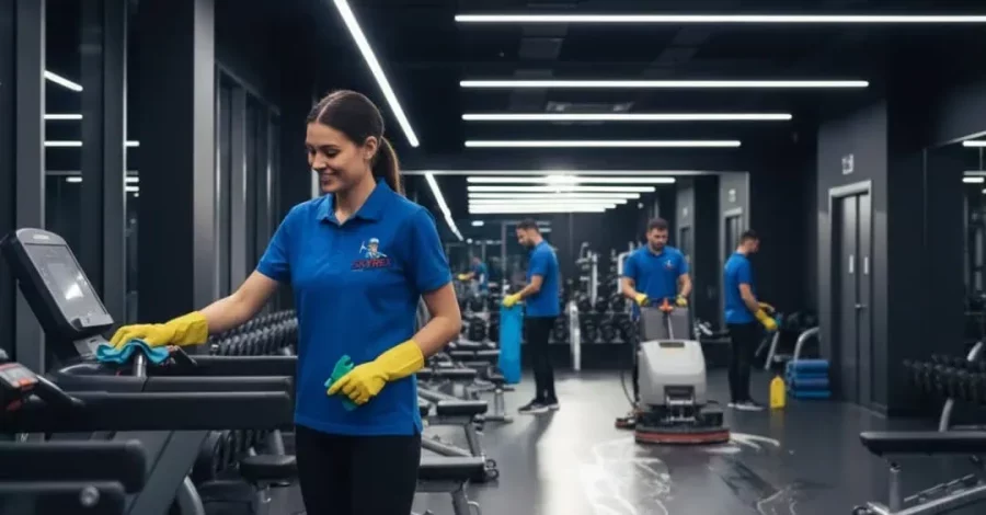 Skyrex gym cleaning service team disinfecting treadmills and scrubbing floors in Calgary North fitness center