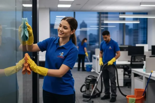 SKYREX janitorial team wiping office glass and vacuuming floors in Calgary North