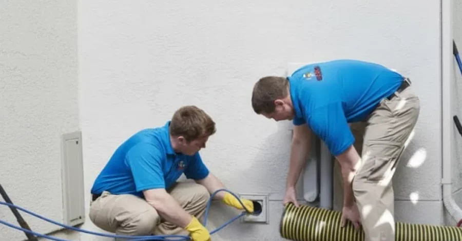 Two technicians cleaning an exterior dryer vent using professional rotary brush and vacuum equipment in Calgary