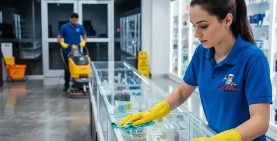 SKYREX professional cleaner wiping glass display case in a Calgary North retail store