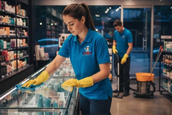 SKYREX staff cleaning a retail store glass display case in Calgary at night