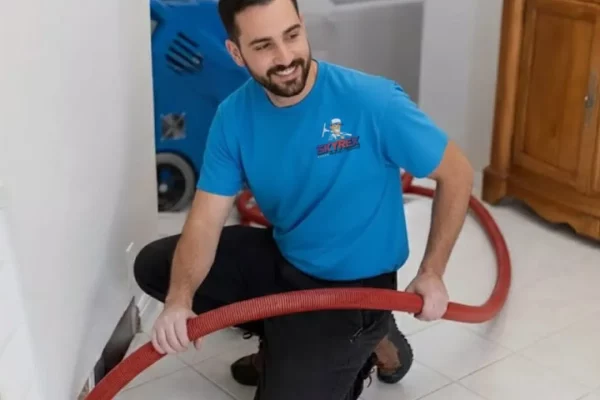 SKYREX technician using a vacuum hose to clear a blocked dryer vent inside a home