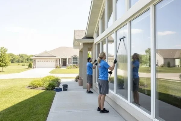 Three SKYREX cleaners using extension poles for exterior window cleaning at a Calgary North home.
