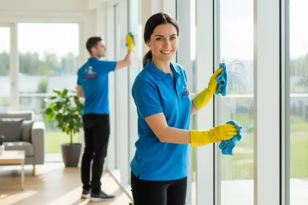 Two SKYREX cleaners performing professional window cleaning inside a Calgary home.